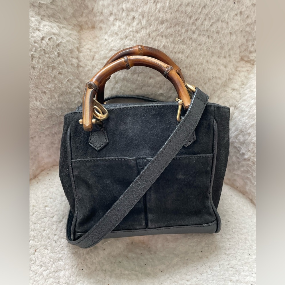 Gucci mini Bamboo handle crossbody bag. Black suede accents